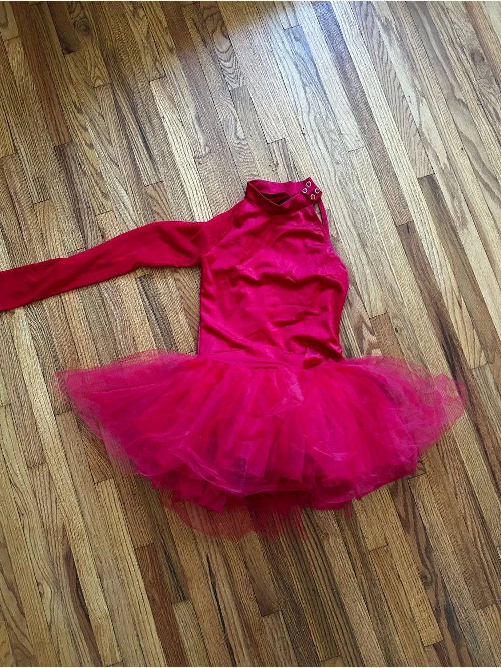 Weissman Candy Cane Red One-Shoulder Tutu Dress with Mesh Long Sleeve. Size LC
